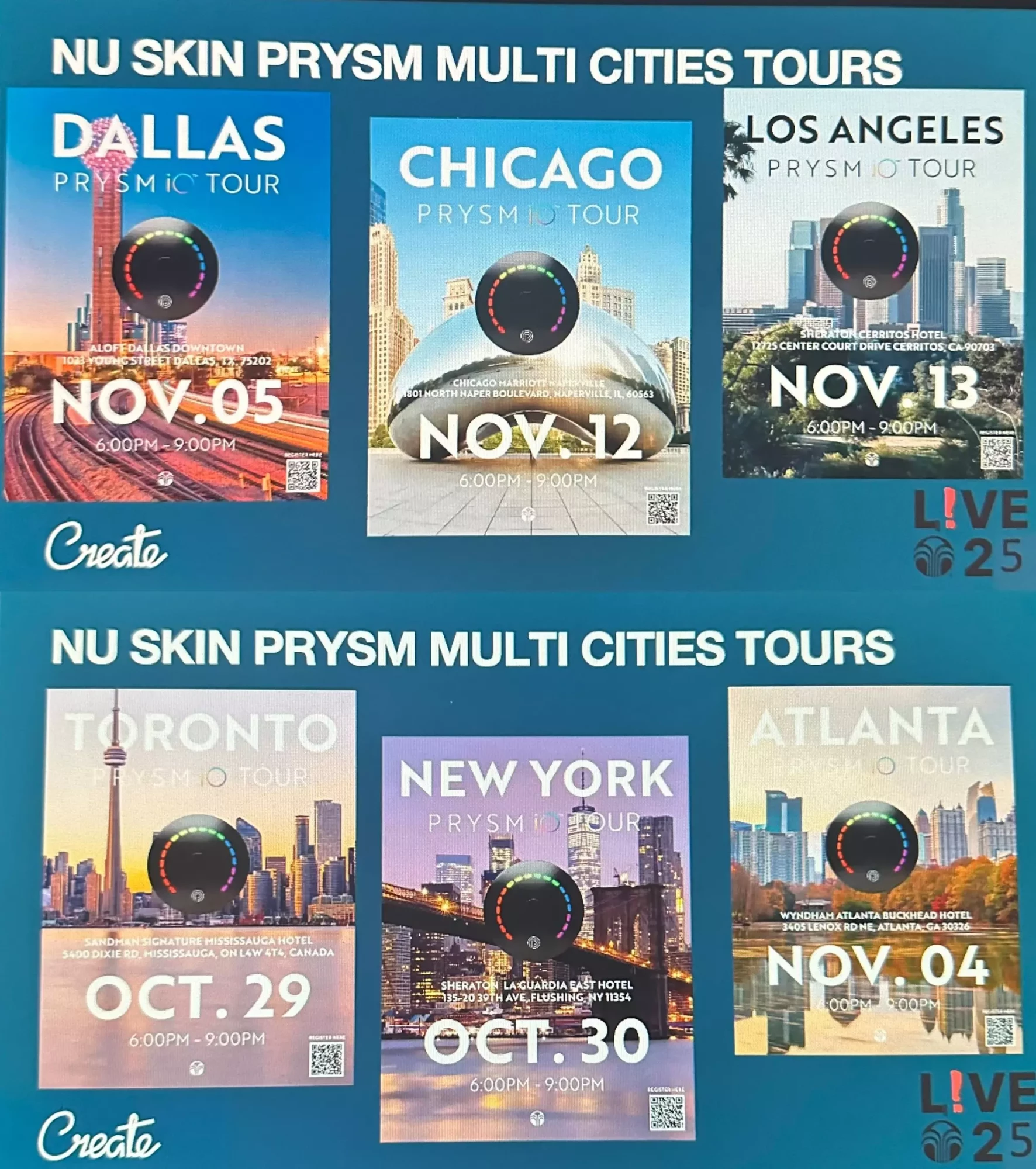 Les 5 villes des USA (New York, Los Angeles, Atlanta, Dallas, Chicago) et une du Canada (Toronto) qui vont héberger un événement de présentation du nouvel appareil connecté PRYSM iO du 29 octobre au 30 novembre 2025