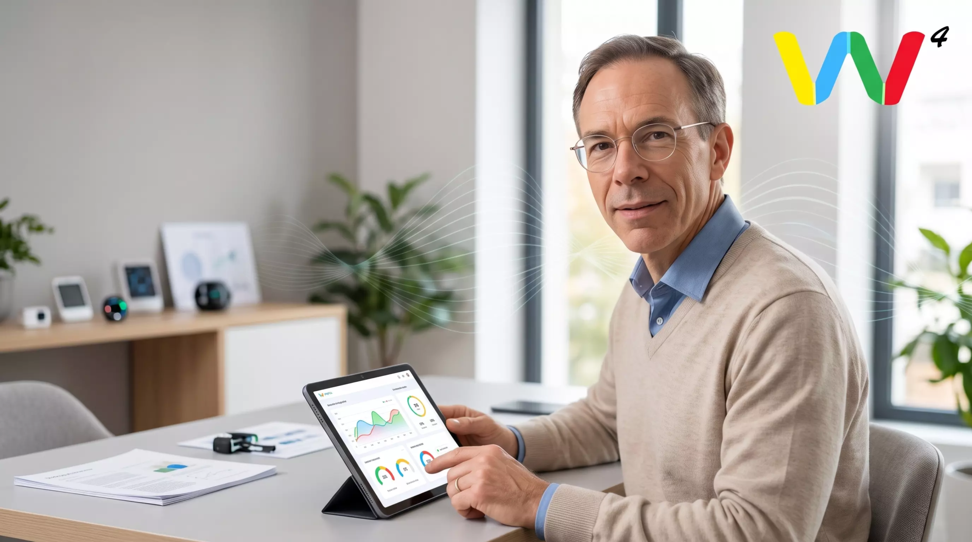 Bannière Wellbeing4You avec logo W4 et interface scientifique de mesure de vitalité